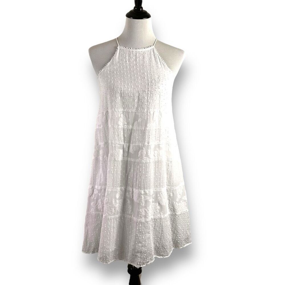 LOFT Halter Mini Dress Women Small White Excellent Clip Dot Embroidered Tiered